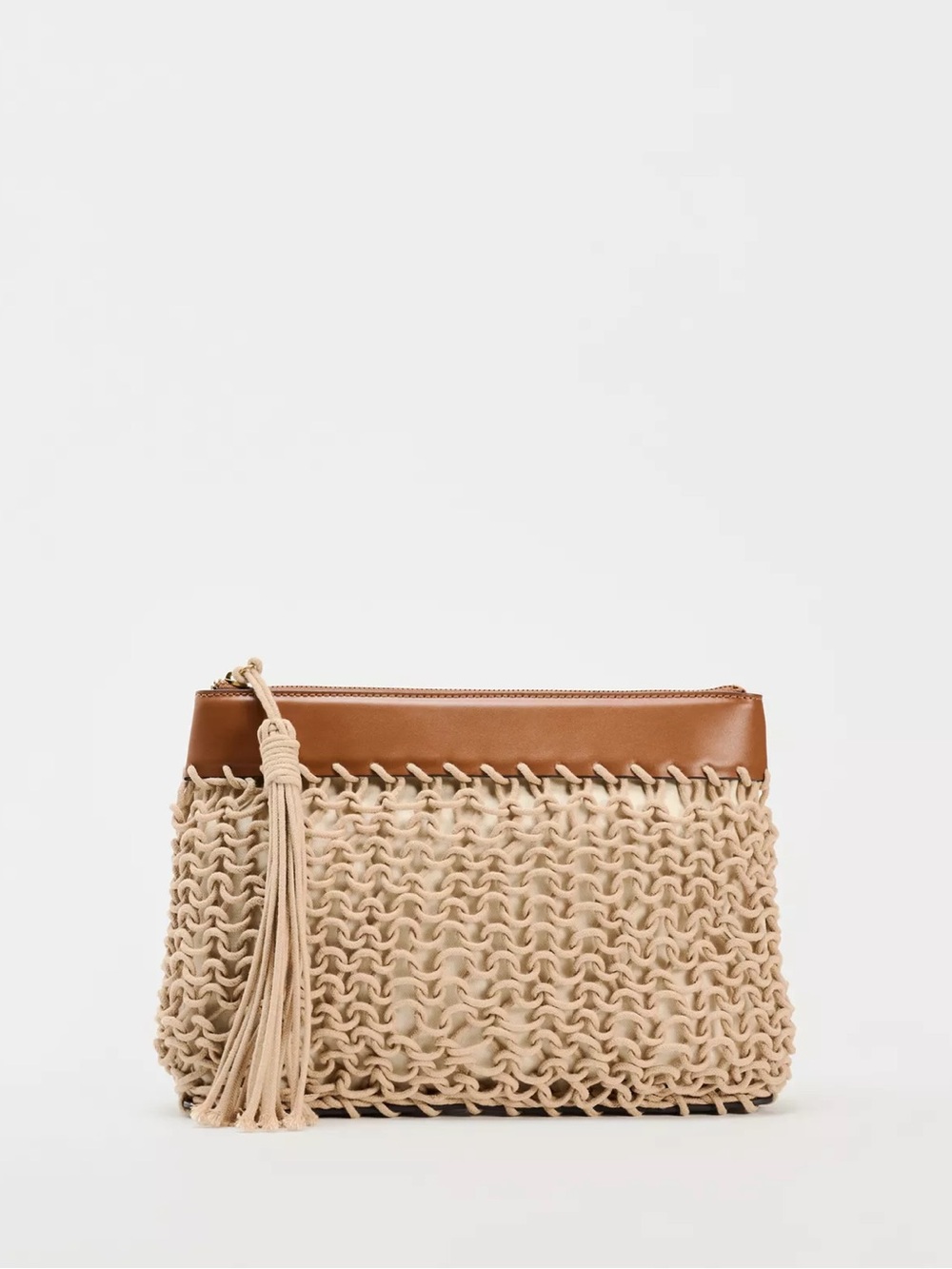 Zara Brown Trim Woven Clutch with Cream Knit Panel